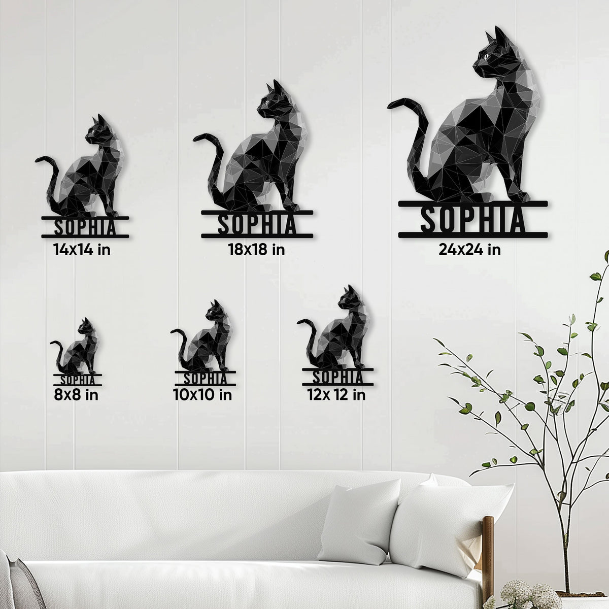 Black cat metal sign size guide showing available square dimensions from 8 by 8 to 24 by 24 inches