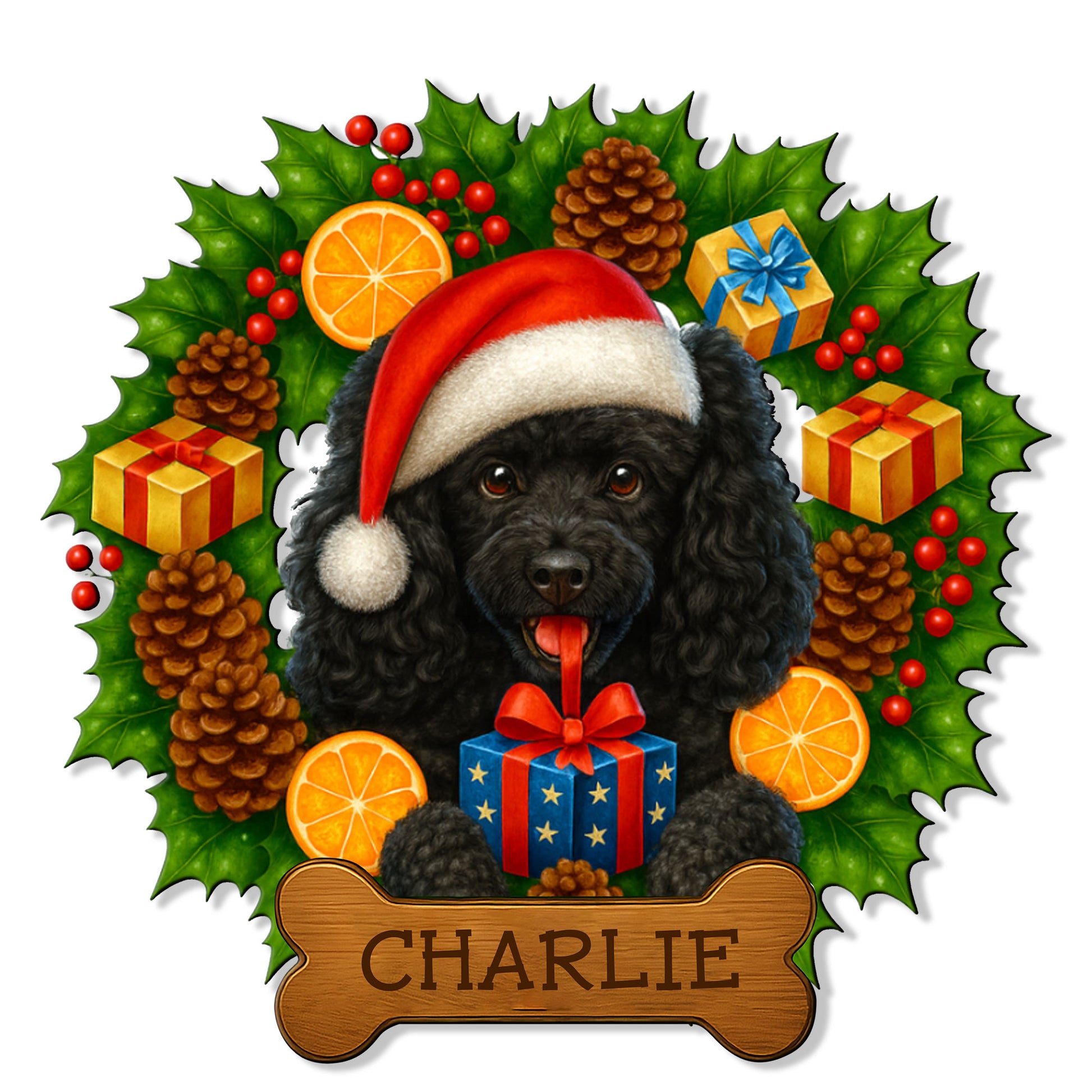 Custom poodle metal sign featuring a black poodle in a Santa hat surrounded by holly, gifts, and pinecones