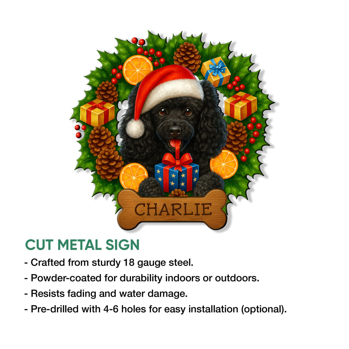 Poodle Christmas metal sign shown with cut-metal sign details and available size options