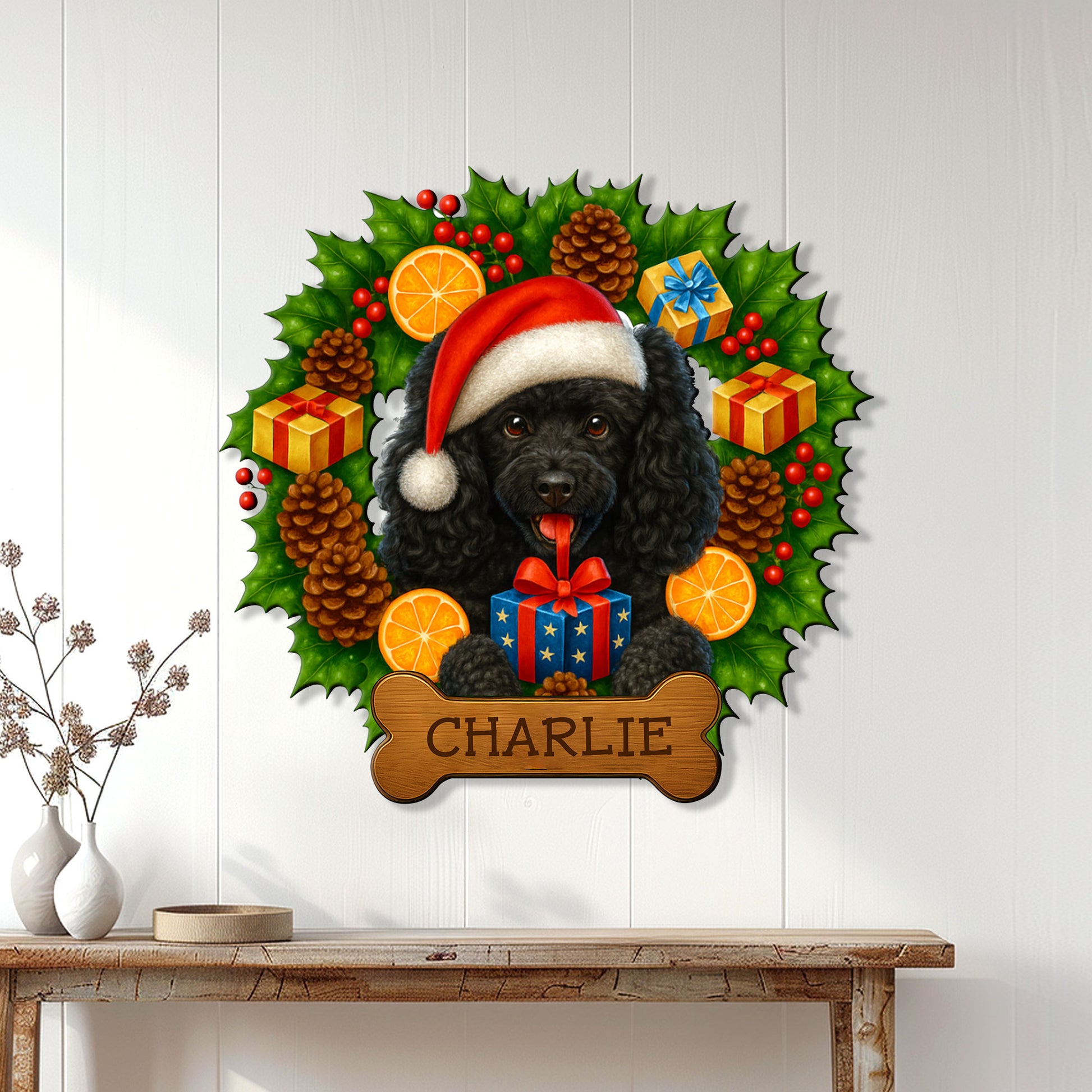 Christmas poodle metal sign displayed on a white paneled wall above a console table