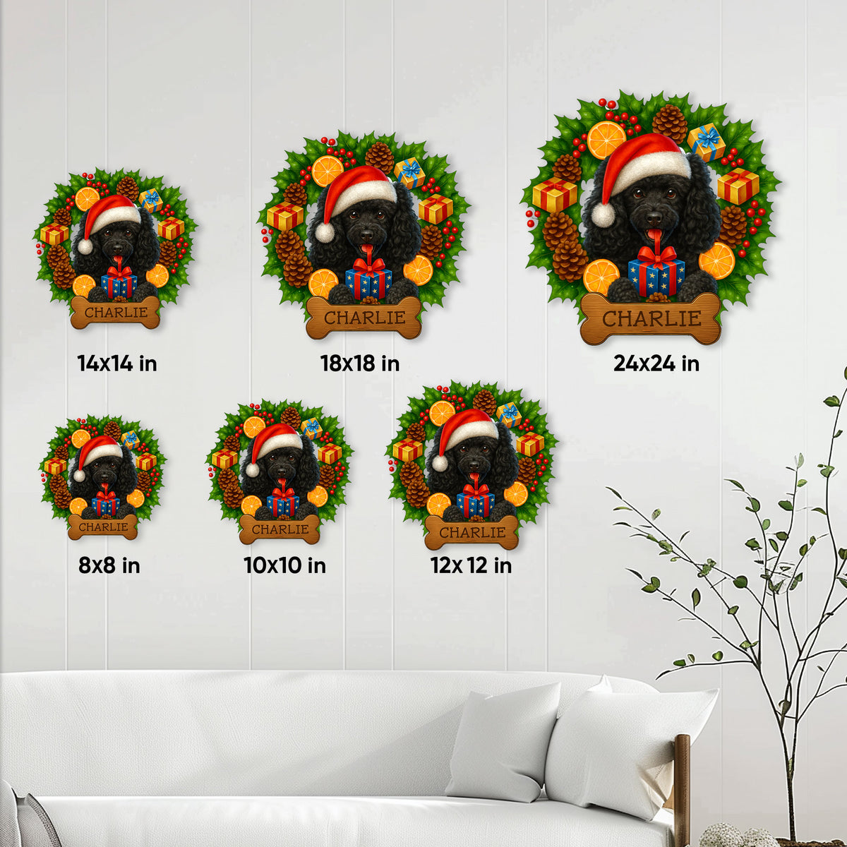 Poodle holiday metal sign shown in multiple size options on a living room wall