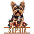 Floral Yorkie metal sign featuring a detailed Yorkshire Terrier portrait with colorful flowers