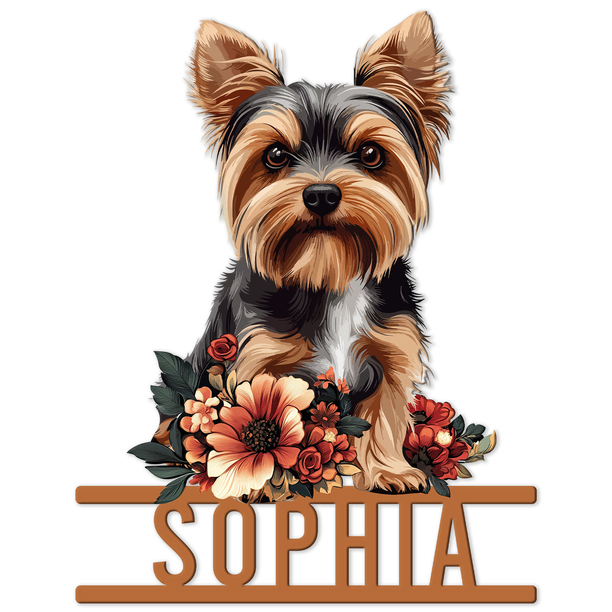 Floral Yorkie metal sign featuring a detailed Yorkshire Terrier portrait with colorful flowers