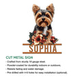 Yorkie cut metal sign product graphic showing a floral Yorkshire Terrier design for indoor or outdoor decor