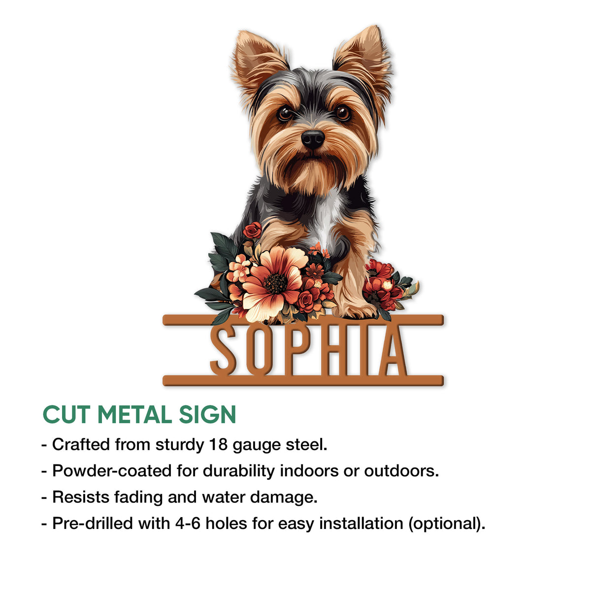 Yorkie cut metal sign product graphic showing a floral Yorkshire Terrier design for indoor or outdoor decor