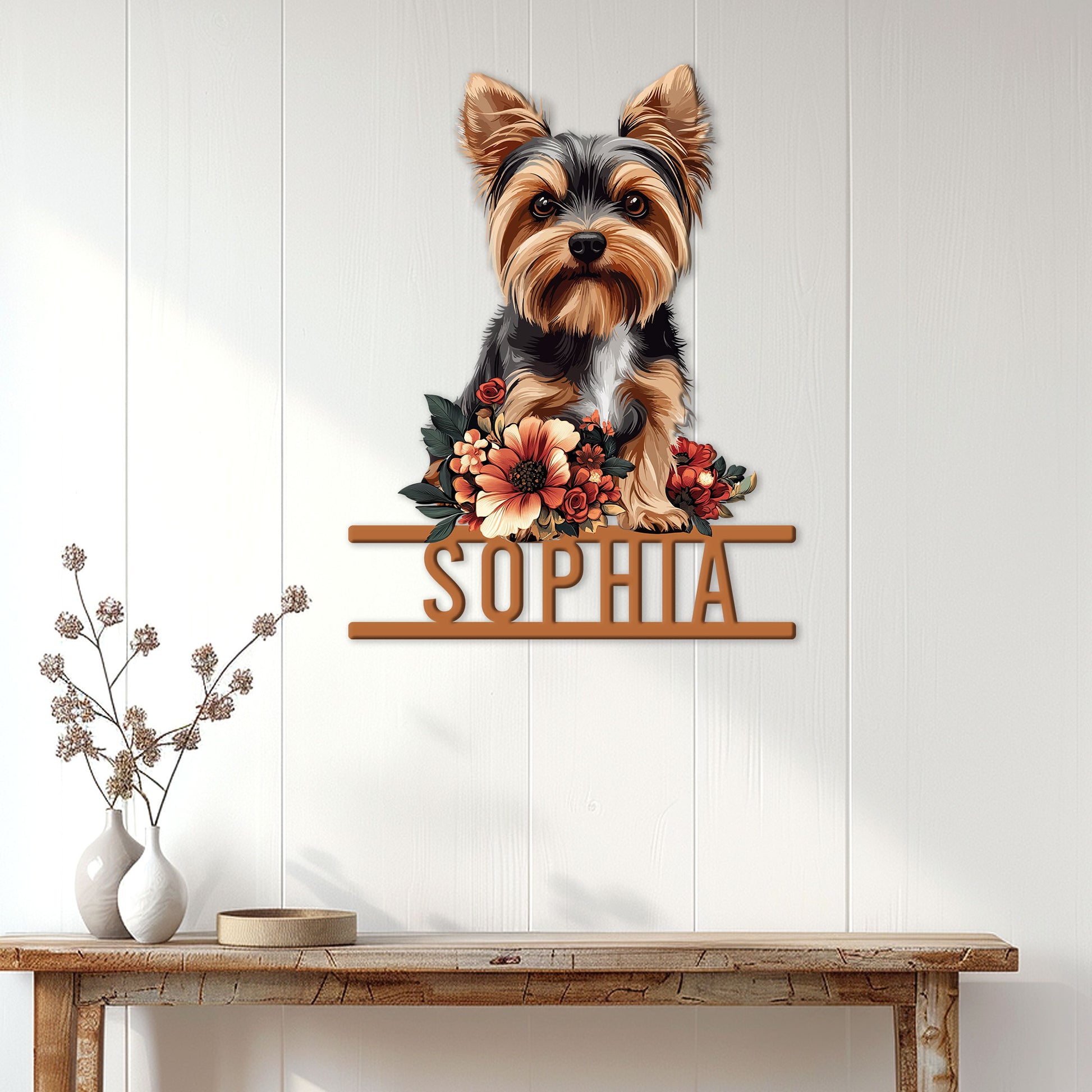 Floral Yorkie metal wall sign displayed on a light paneled wall above a rustic console table