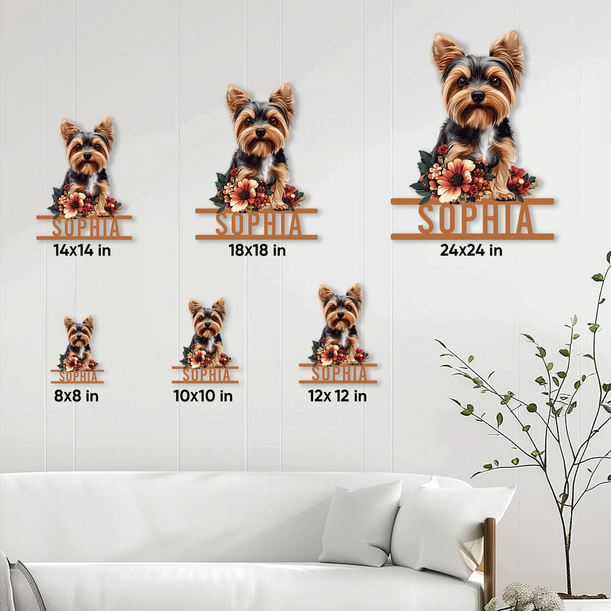 Yorkie metal sign size guide showing multiple size options displayed on a bright living room wall