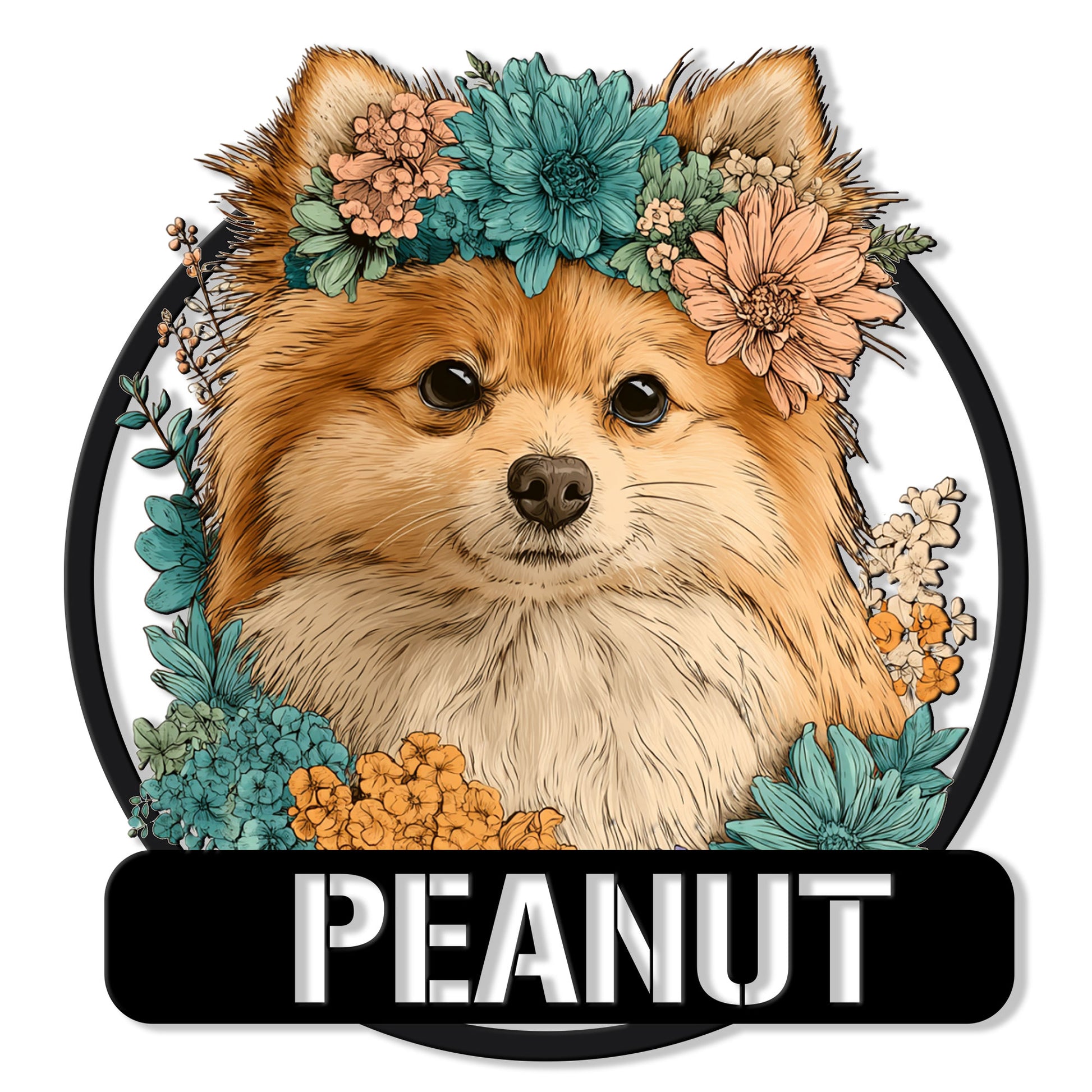 Floral Pomeranian portrait metal sign with a fluffy dog framed by colorful flowers
