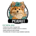 Pomeranian floral portrait shown on a cut metal sign feature and installation guide