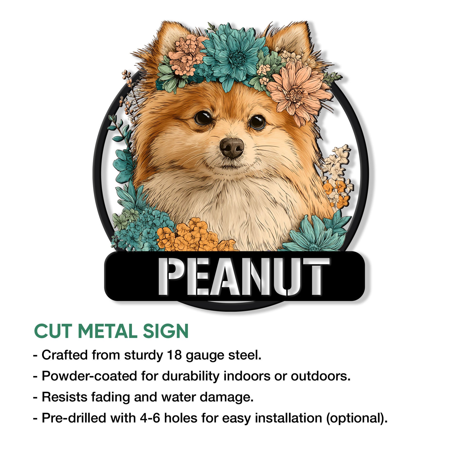 Pomeranian floral portrait shown on a cut metal sign feature and installation guide