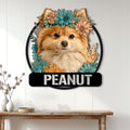 Pomeranian flower crown metal sign displayed as wall decor above a console table