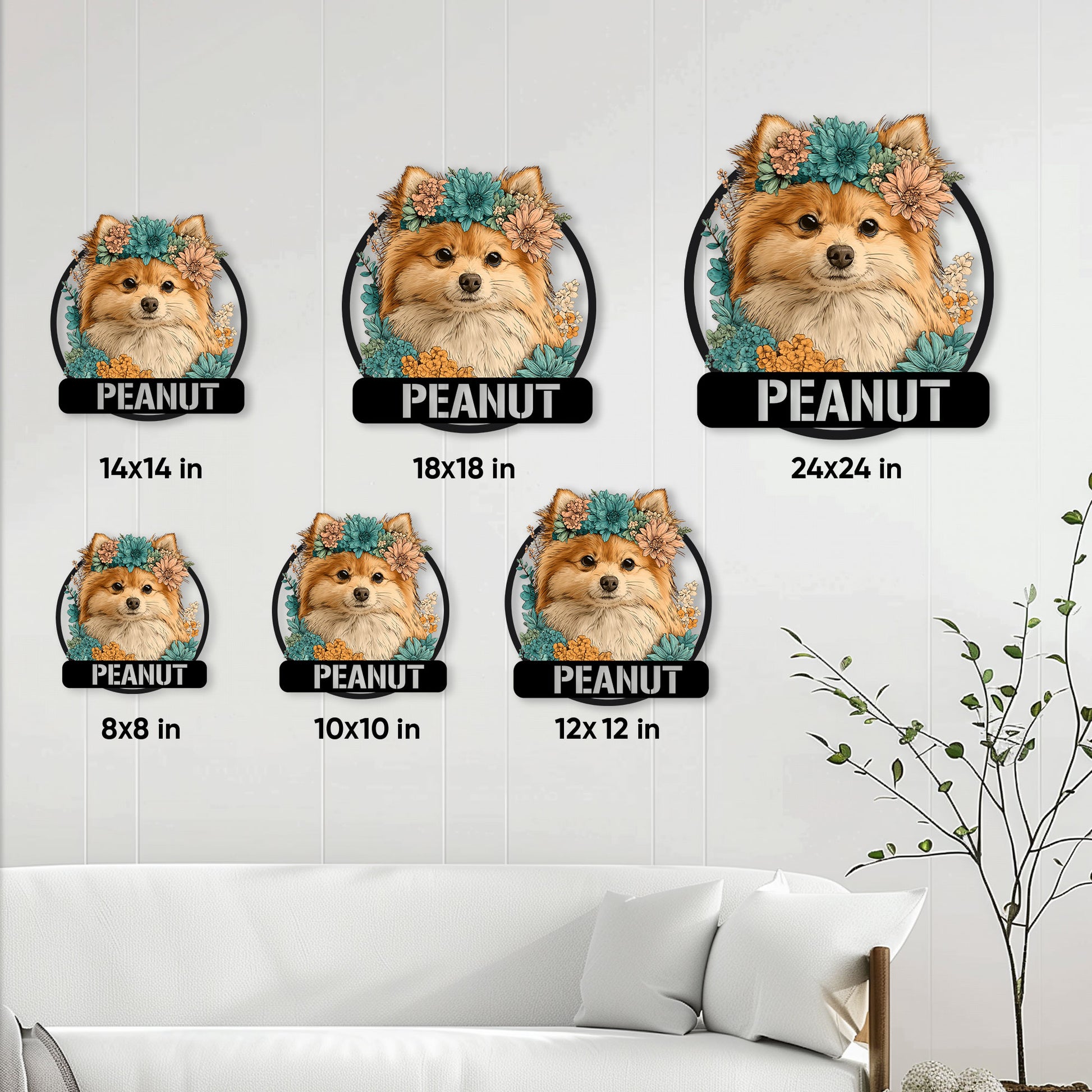 Pomeranian metal sign size guide showing six available square size options