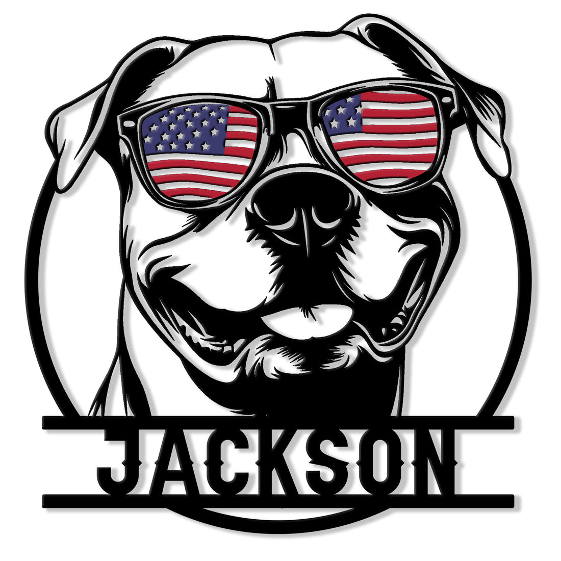 Patriotic pitbull metal sign featuring a bold dog portrait wearing American flag sunglasses