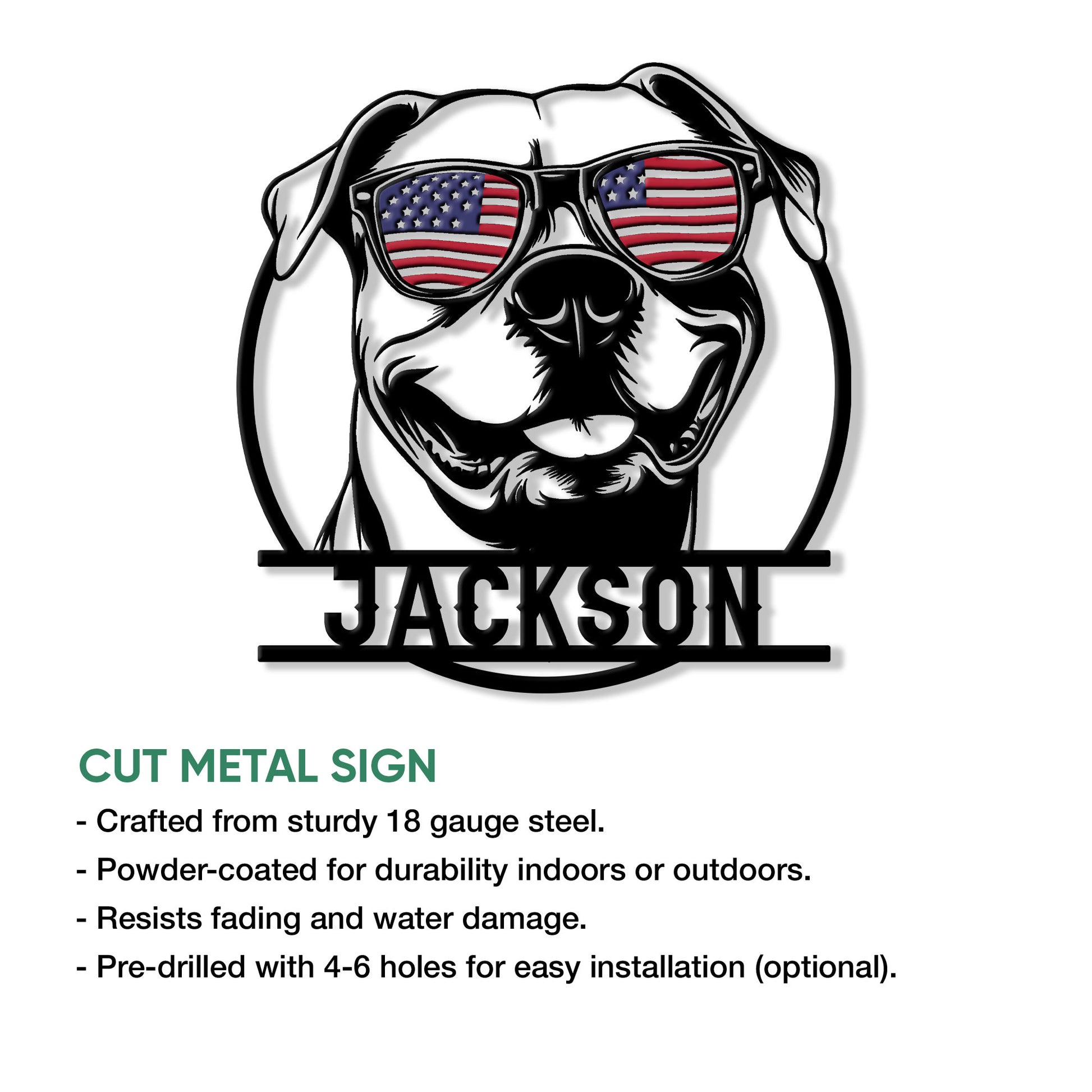 Front product view of a patriotic pitbull cut metal sign with a bold sunglasses-wearing dog design