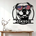 Patriotic pitbull wall sign displayed in a bright home interior above a wooden console table