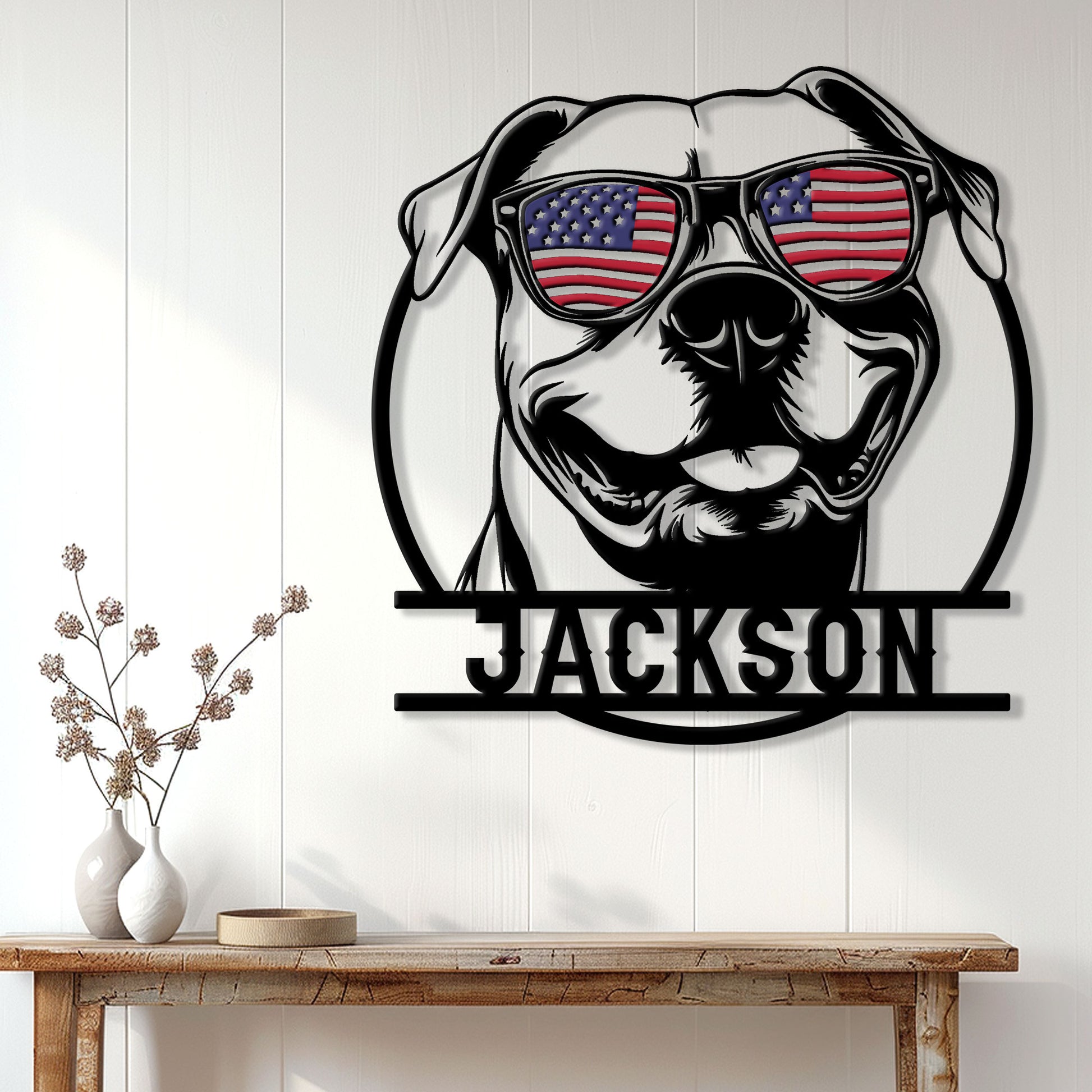 Patriotic pitbull wall sign displayed in a bright home interior above a wooden console table