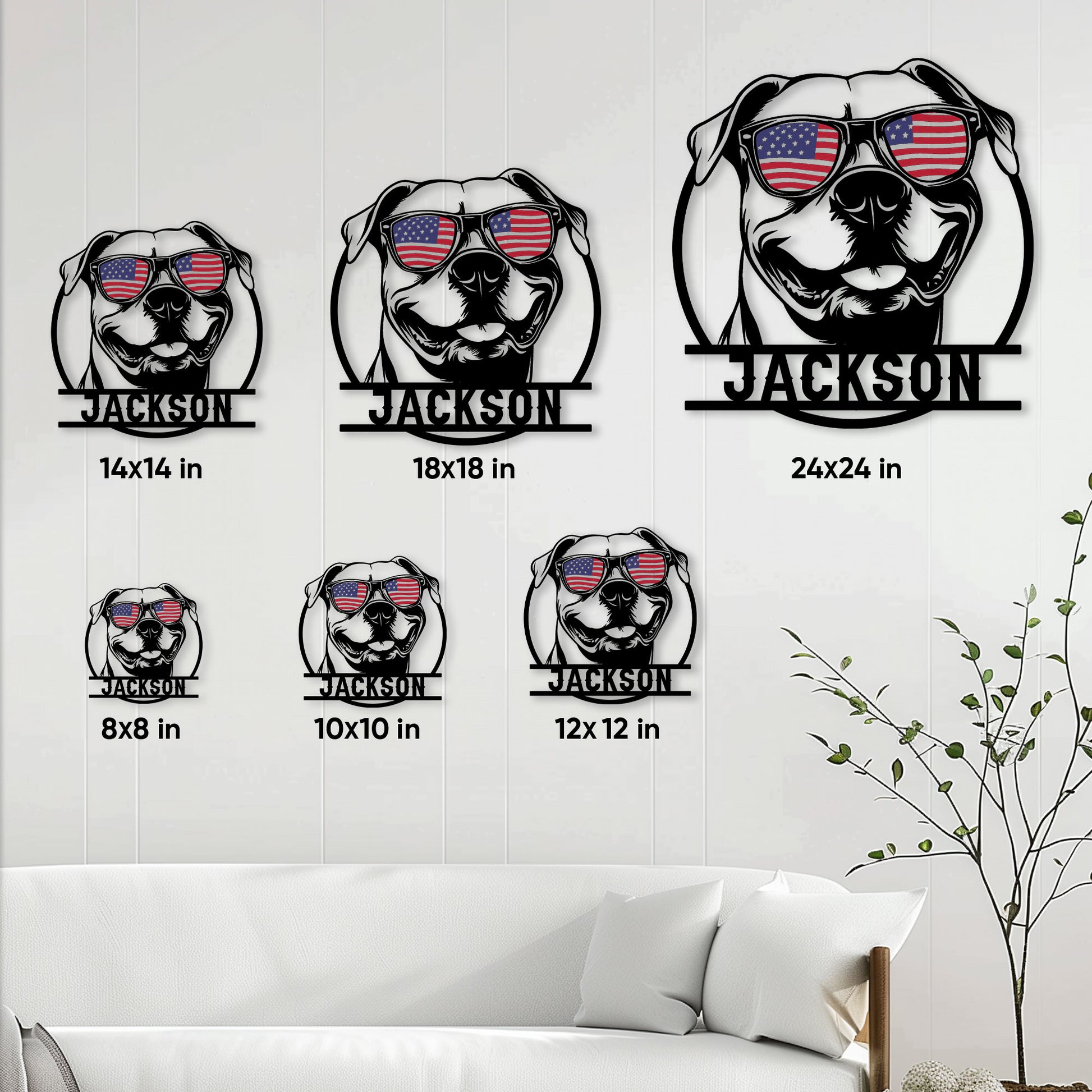 Pitbull metal sign size guide showing available square sizes from 8 by 8 to 24 by 24 inches