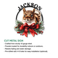 Squirrel cut metal sign shown with product feature details for indoor or outdoor seasonal decor