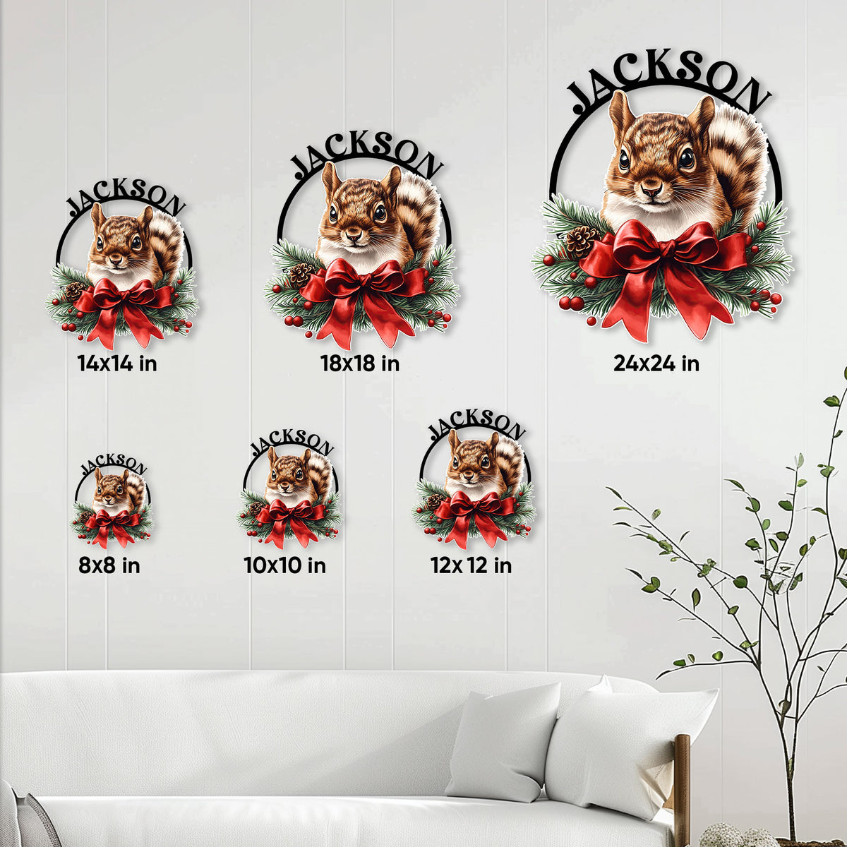 Squirrel metal sign size guide showing six square size options in a living room setting