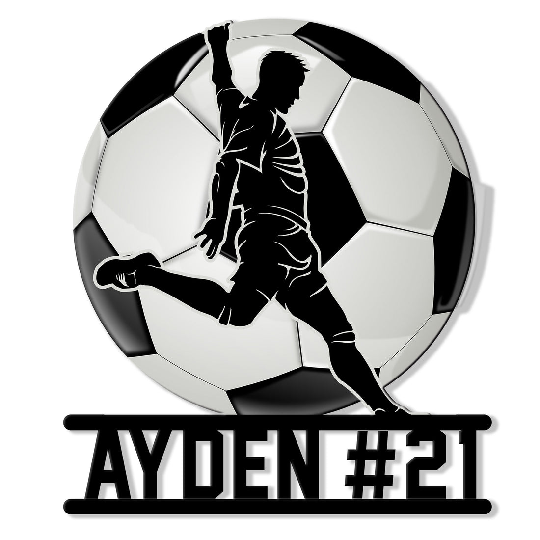 Custom soccer metal sign featuring a dynamic player silhouette kicking a soccer ball