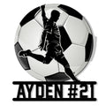 Custom soccer metal sign featuring a dynamic player silhouette kicking a soccer ball