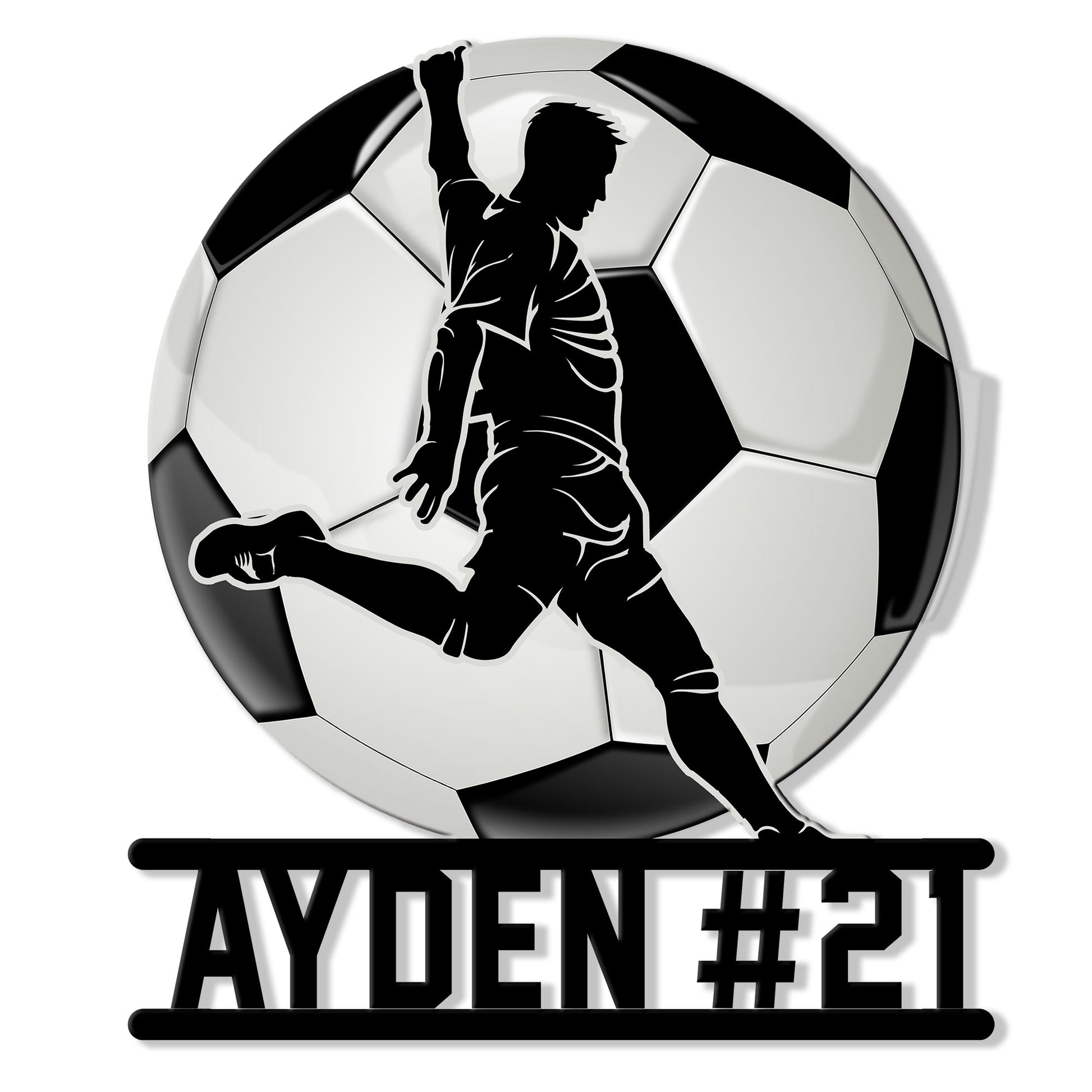Custom soccer metal sign featuring a dynamic player silhouette kicking a soccer ball