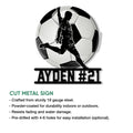 Soccer player silhouette metal sign shown with product details for indoor or outdoor display