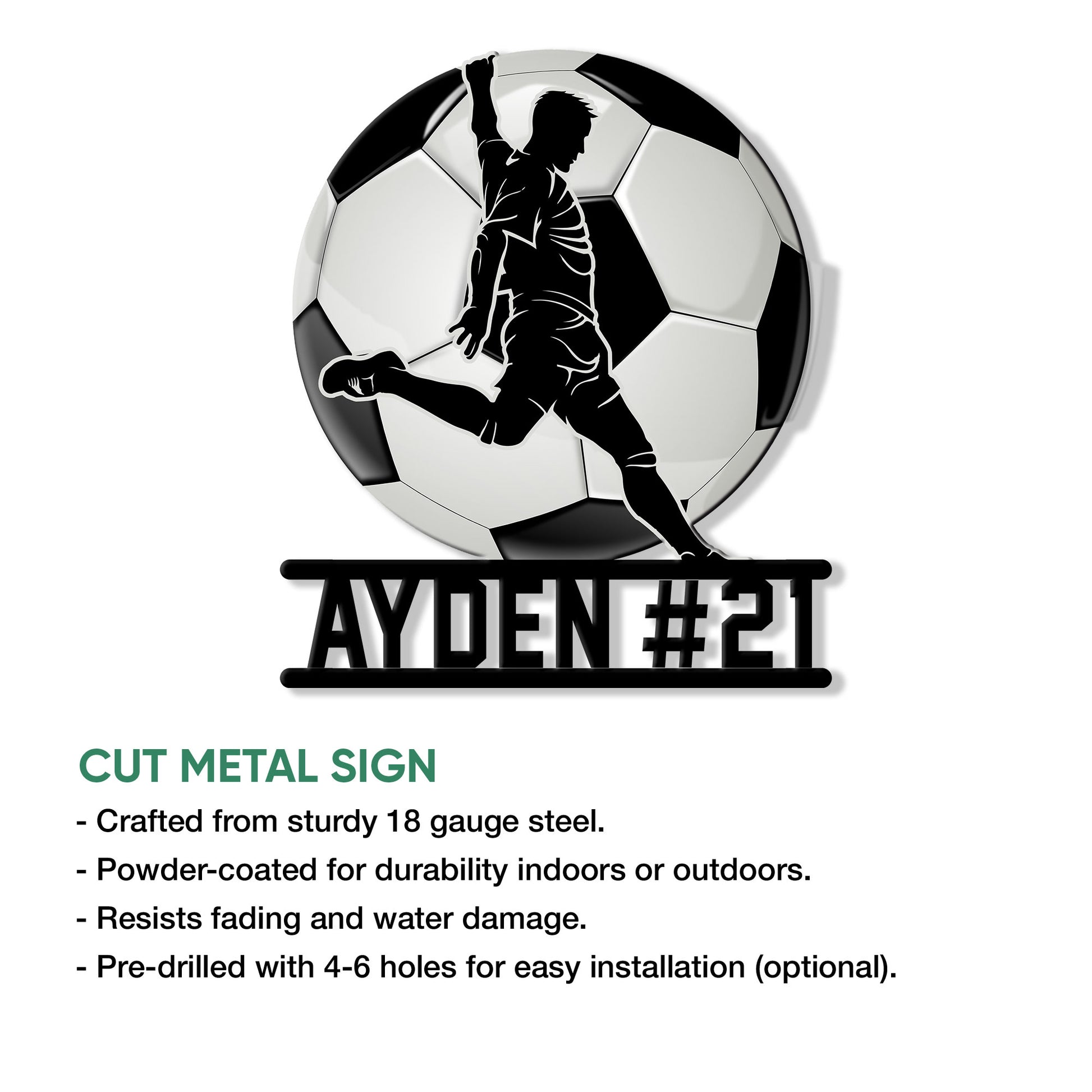 Soccer player silhouette metal sign shown with product details for indoor or outdoor display