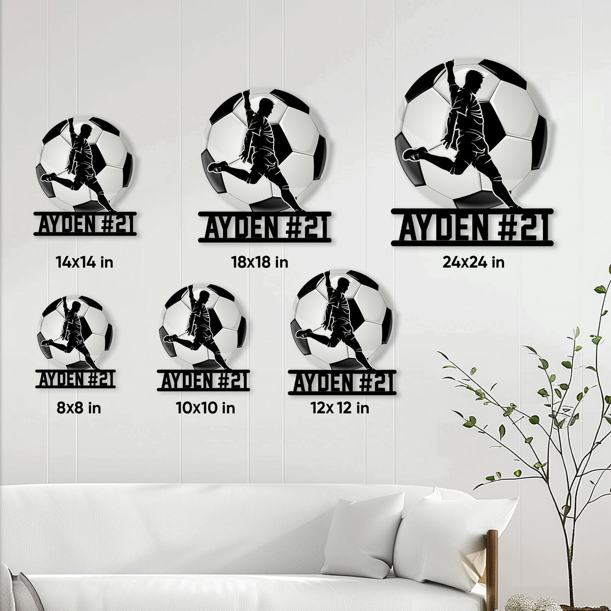 Soccer player metal sign shown in multiple size options from 8 by 8 to 24 by 24 inches