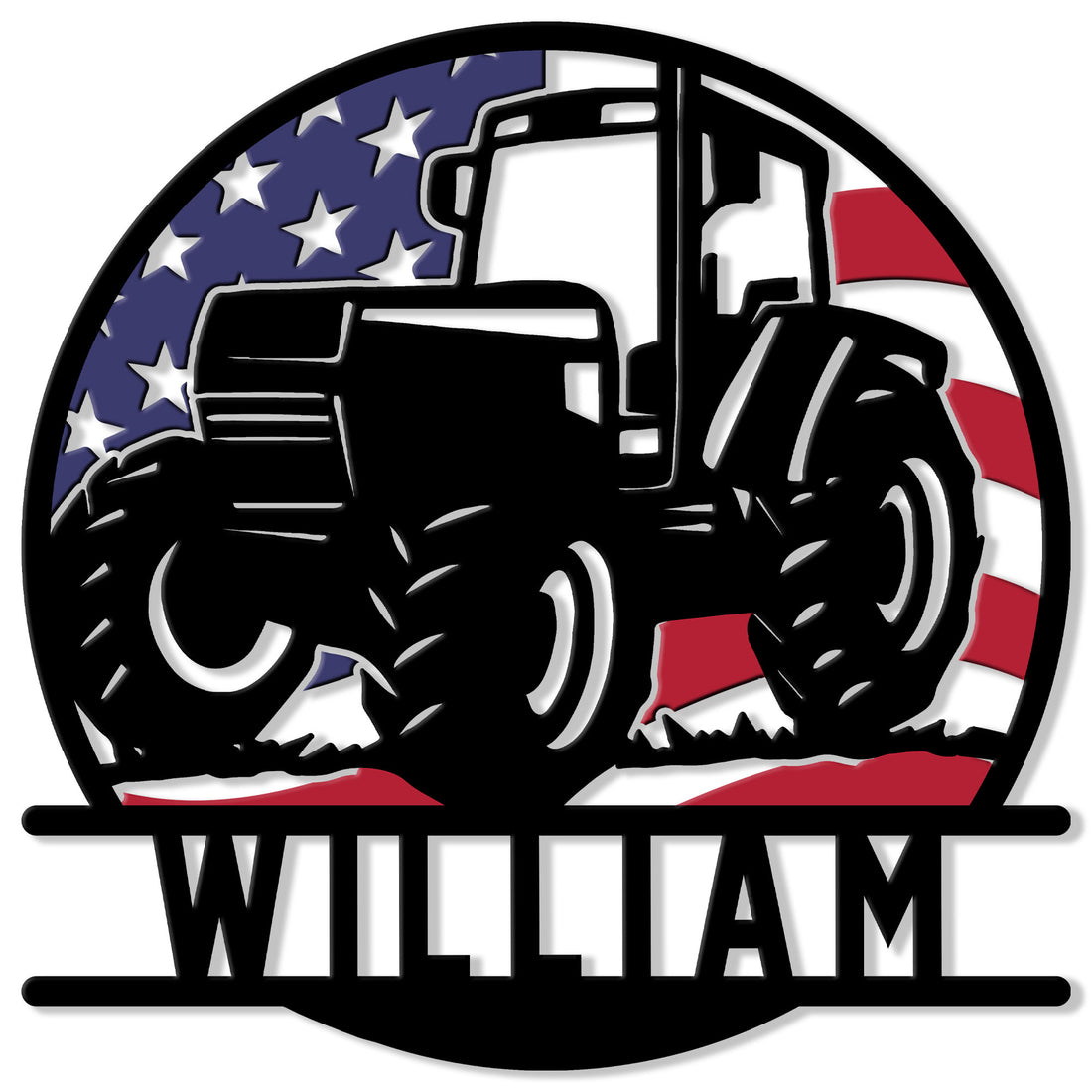 Patriotic tractor metal sign featuring a bold farm tractor silhouette and American flag colors