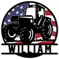 Patriotic tractor metal sign featuring a bold farm tractor silhouette and American flag colors