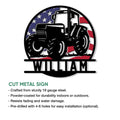 Patriotic tractor cut metal sign shown with product feature details and a bold farm design