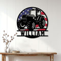 Patriotic tractor wall sign displayed on a light farmhouse wall above a rustic console table