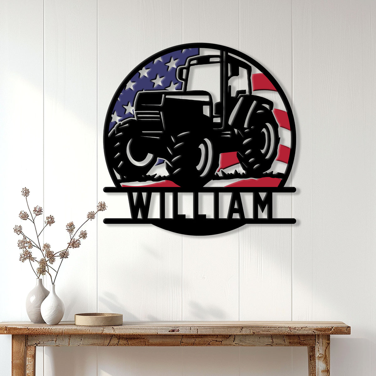 Patriotic tractor wall sign displayed on a light farmhouse wall above a rustic console table