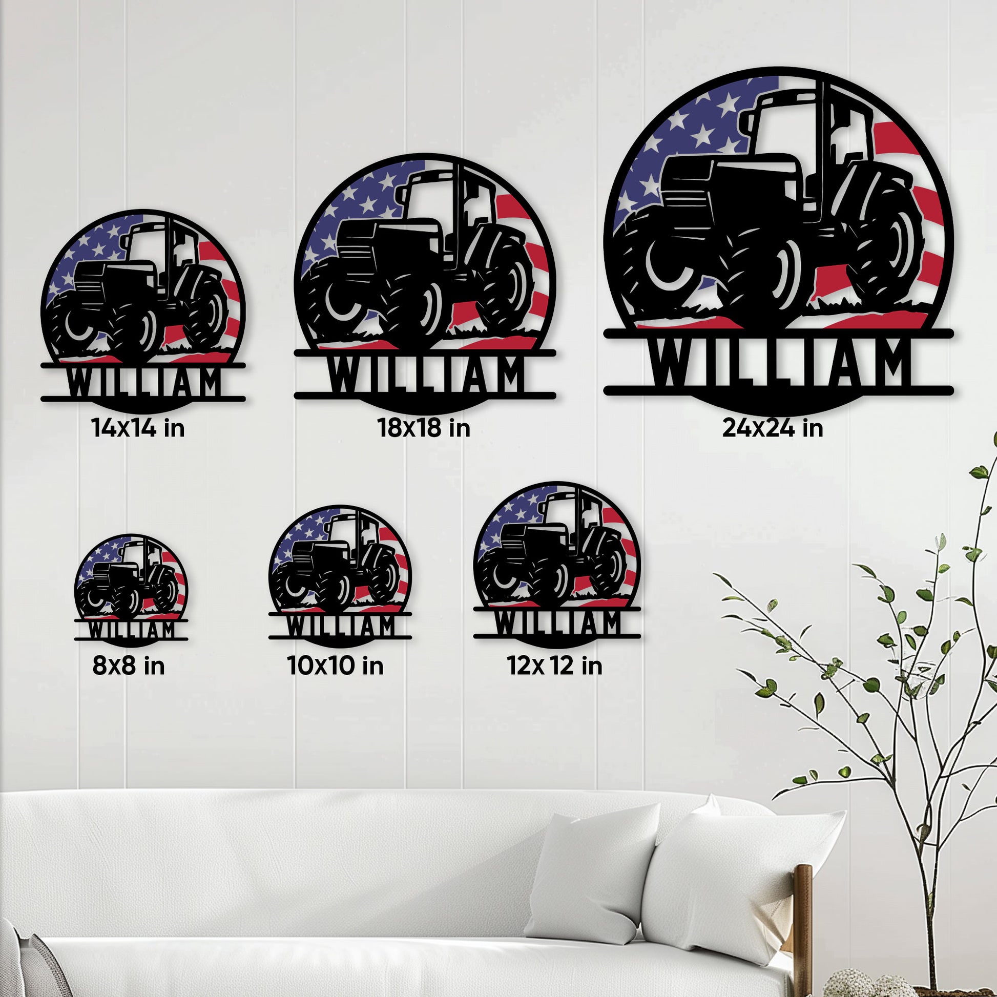 Tractor metal sign size guide showing available sizes from 8 by 8 to 24 by 24 inches