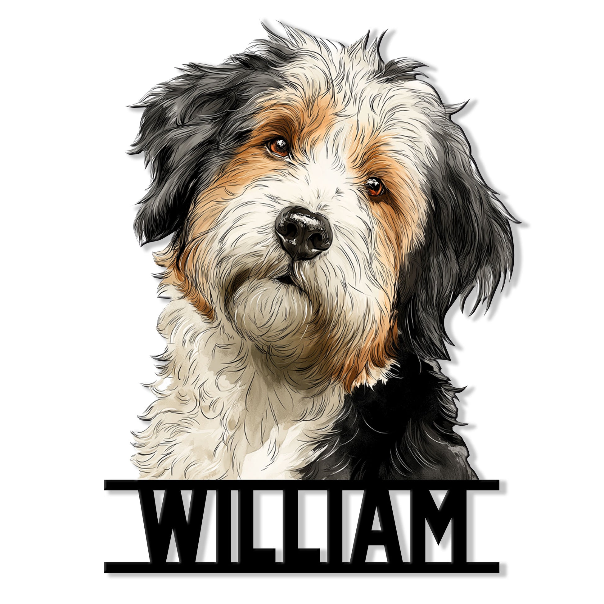 Aussiedoodle metal sign featuring a detailed black, white, and tan dog portrait