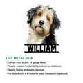 Aussiedoodle cut metal sign feature graphic showing the dog portrait and product presentation