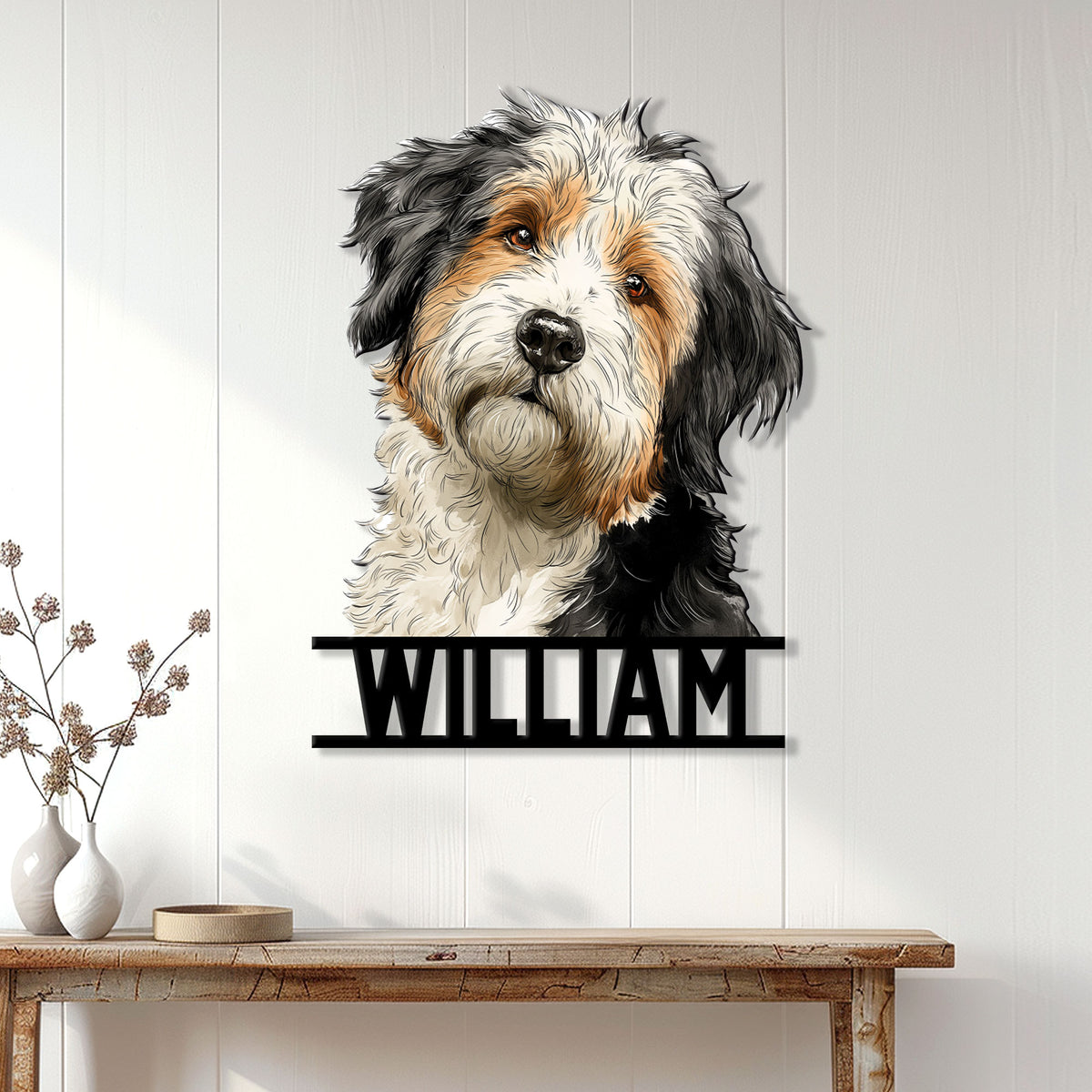 Aussiedoodle metal wall sign displayed on a light wood-paneled entryway above a console table