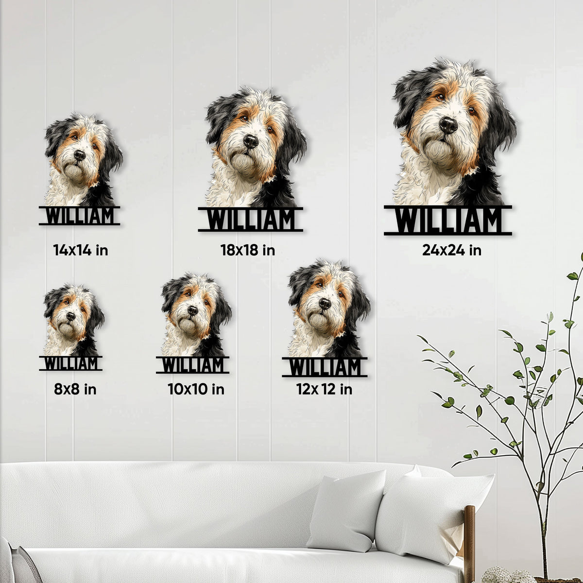 Aussiedoodle metal sign size guide showing several square size options in a living room setting