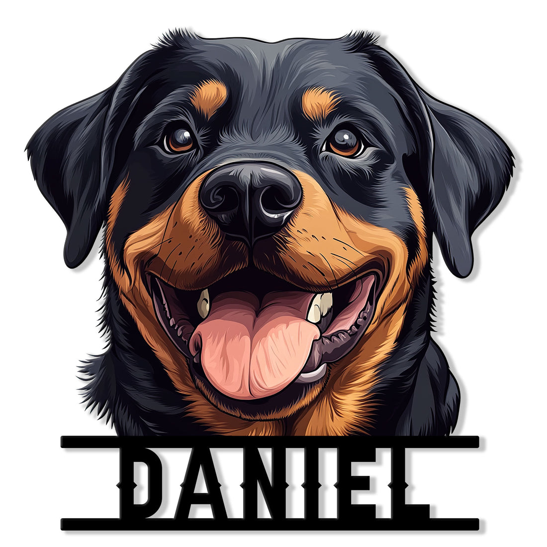 Close-up Rottweiler portrait metal sign featuring a happy black and tan dog with a bold cutout design