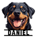 Close-up Rottweiler portrait metal sign featuring a happy black and tan dog with a bold cutout design