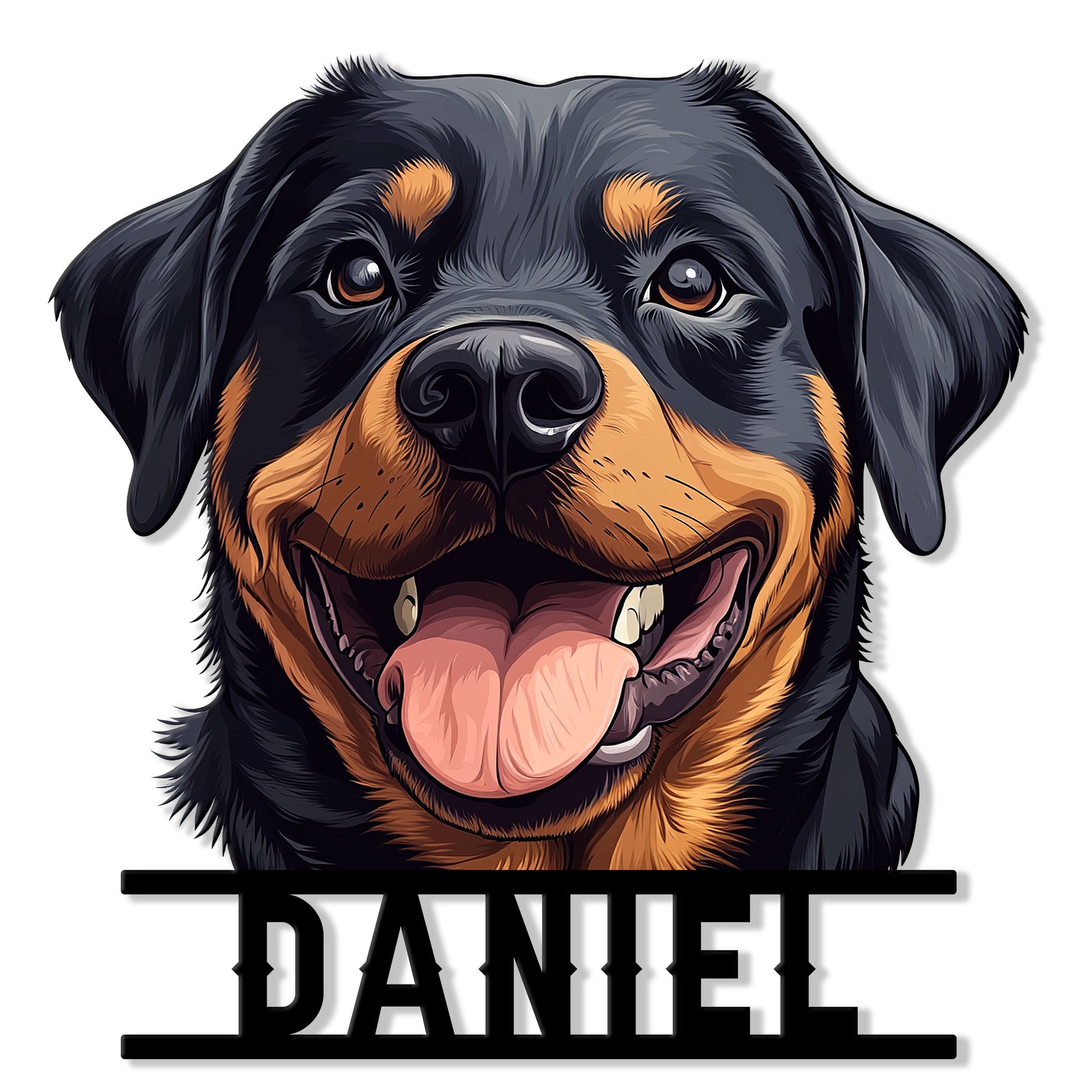 Close-up Rottweiler portrait metal sign featuring a happy black and tan dog with a bold cutout design