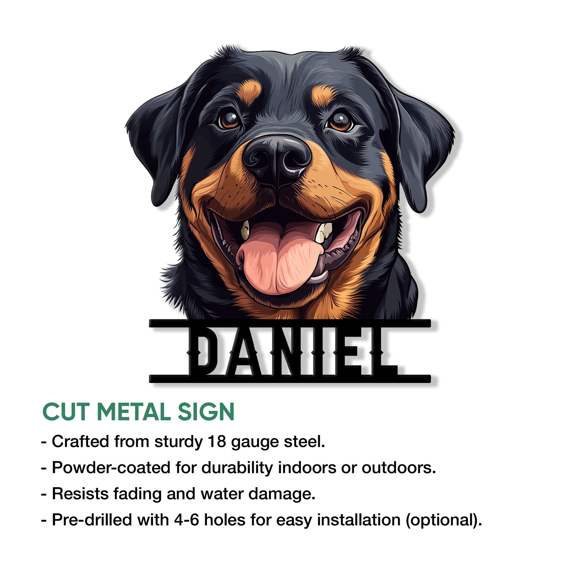 Rottweiler metal sign product graphic showing a cheerful dog portrait and cut metal sign features