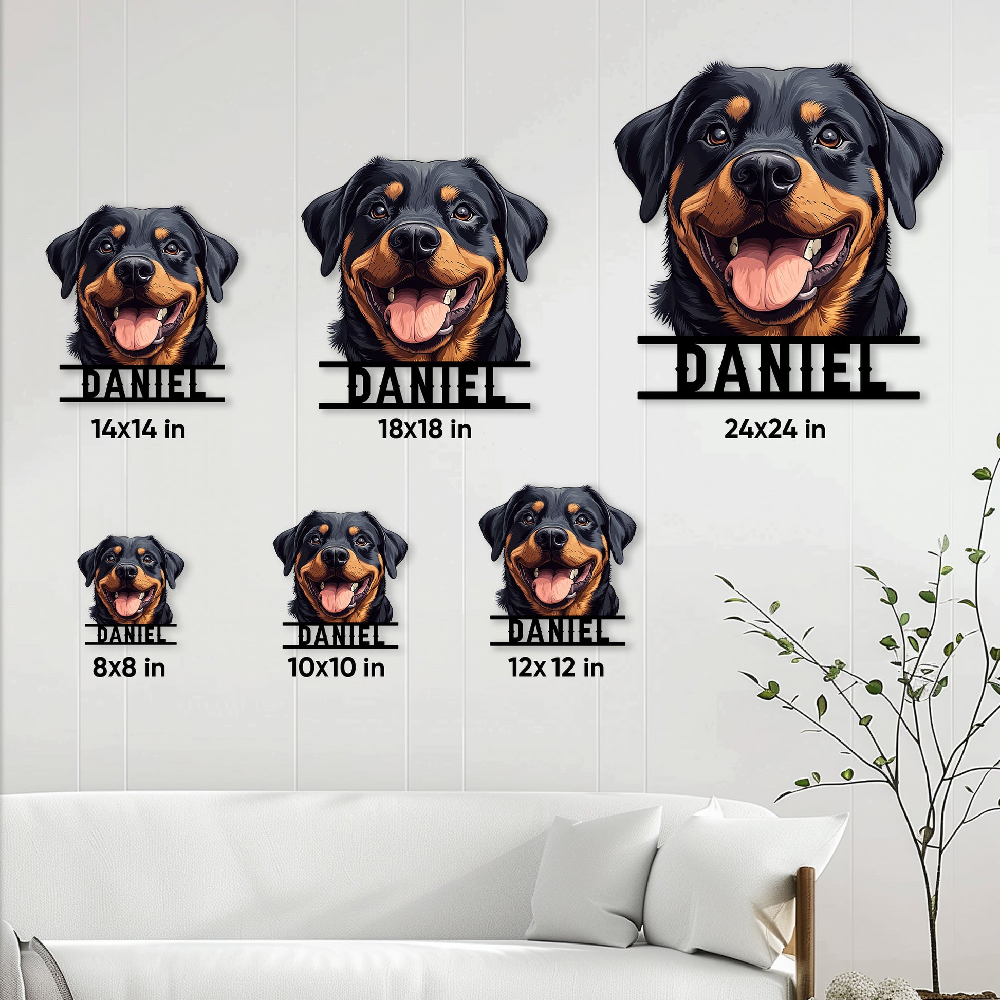 Rottweiler metal sign size guide showing six square size options from 8 by 8 to 24 by 24 inches