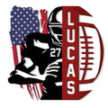 Custom football metal sign featuring a helmeted player, football, and patriotic red, white, and blue artwork