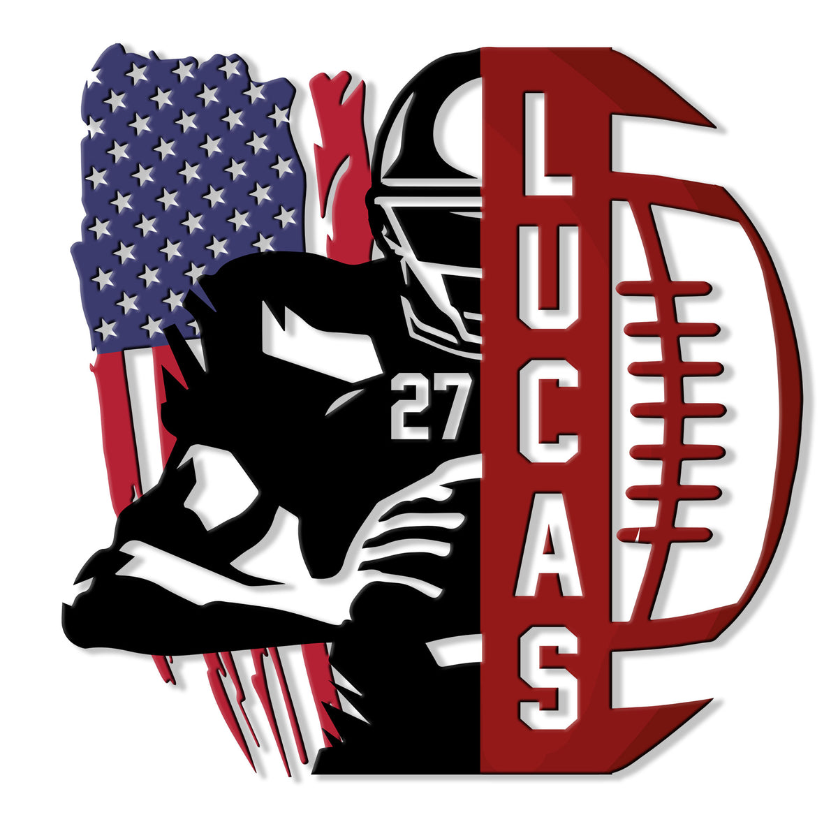 Custom football metal sign featuring a helmeted player, football, and patriotic red, white, and blue artwork