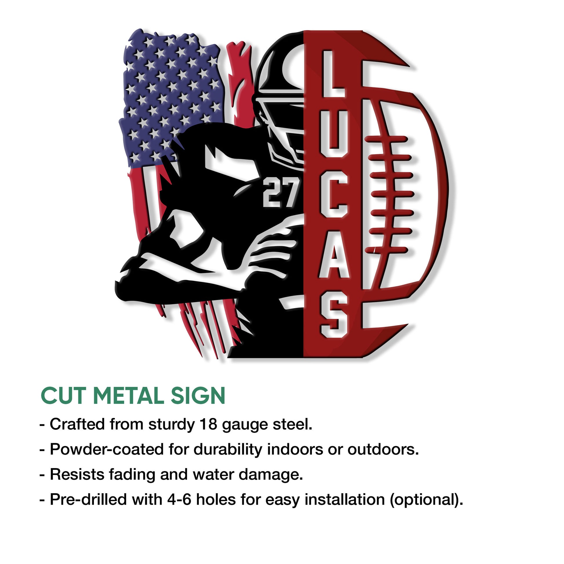 Football player cut metal sign shown with product feature details for indoor or outdoor display