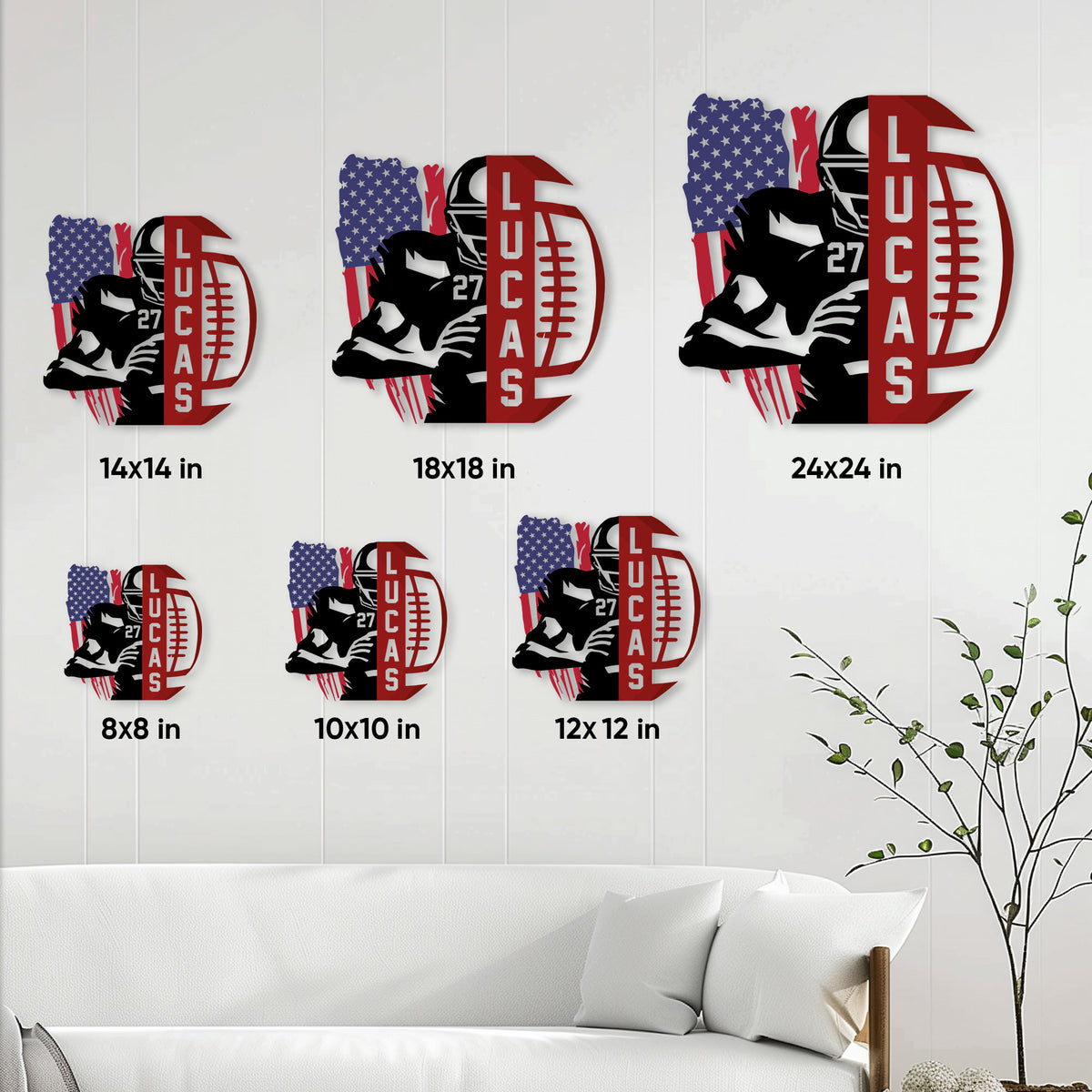Football player metal sign shown in multiple size options from 8 by 8 to 24 by 24 inches