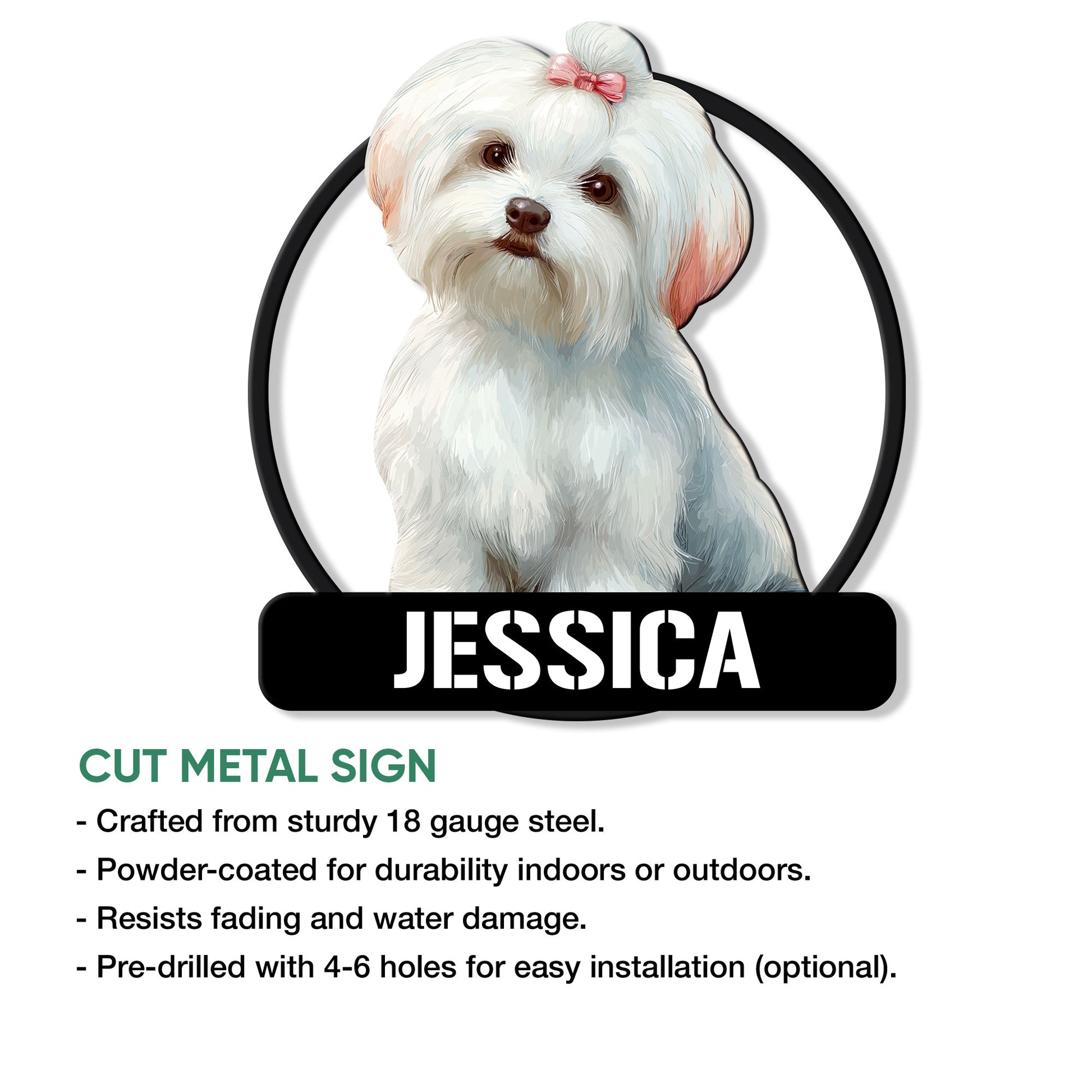 Maltese dog metal sign shown with a fluffy white pet portrait and product feature details