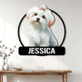 Maltese dog wall sign displayed on a light paneled wall above a wood console table